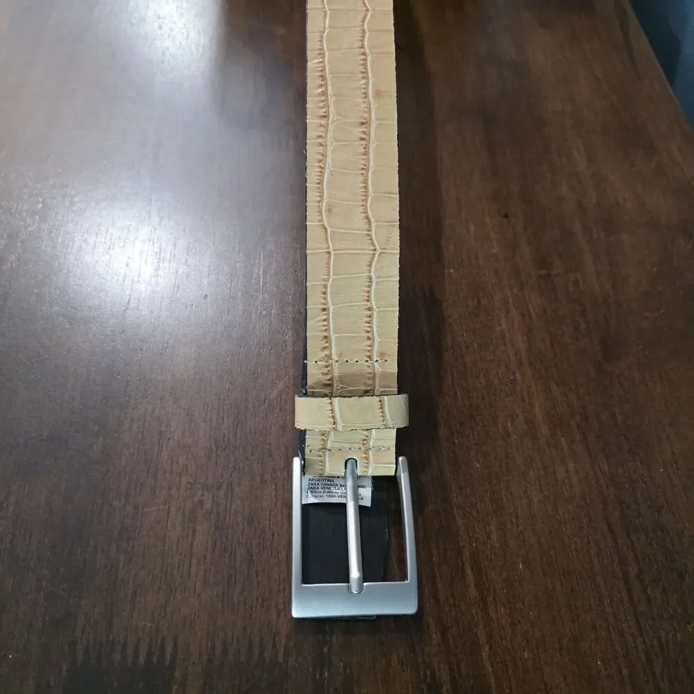 ZARA Mens Croc Print Skins Leather Tan Yellow Belt Size M Silver Buckle
